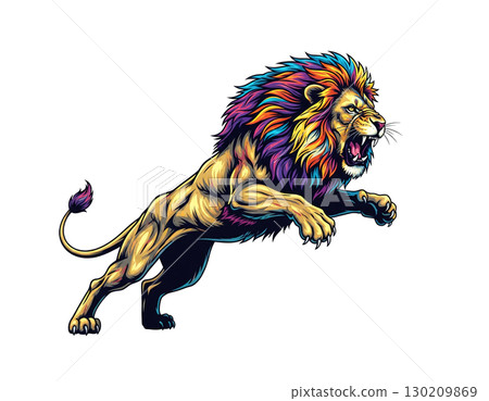 A colorful lion with a vibrant mane roars while leaping. A dynamic and powerful illustration. Wild animals. 130209869
