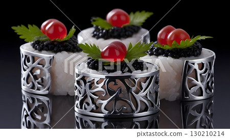 Ornate sushi rolls with intricate silver filigree design 130210214