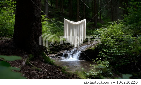 Flowing textile waterfall in a serene forest scene Flowing textile waterfall in a serene forest scene 130210220