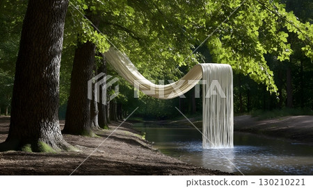 Surreal textile waterfall in a peaceful forest scene Surreal textile waterfall in a peaceful forest scene 130210221