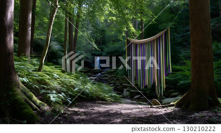 Ethereal textile installation in a serene forest landscape 130210222
