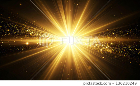 Radiating golden light burst from a central point on dark background, with sparkling particles and glowing rays, symbolizing cosmic energy, creation, hope, and divine brilliance Radiating golden light burst from a central point on dark background, with sparkling particles and glowing rays, symbolizing cosmic energy, creation, hope, and divine brilliance 130210249