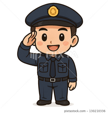 A male police officer wearing a navy blue uniform and saluting with a cheerful smile 130210336