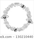 Dia de los Muertos. Frame for traditional Mexican holiday dedicated to the memory of the dead. Skull, flowers, bones, guitar, border, frame 130210440