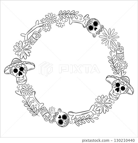 Dia de los Muertos. Frame for traditional Mexican holiday dedicated to the memory of the dead. Skull, flowers, bones, guitar, border, frame 130210440