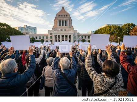 (AI-generated) Crowds protesting in the square in front of the National Diet 130210591