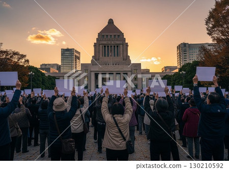 (AI-generated) Crowds protesting in the square in front of the National Diet 130210592