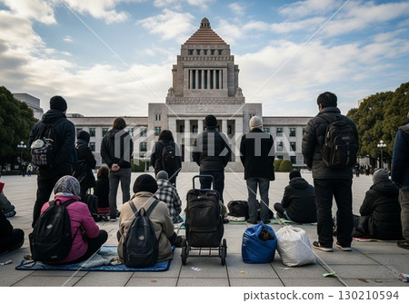 (AI-generated) Protesters demonstrating in front of the National Diet 130210594