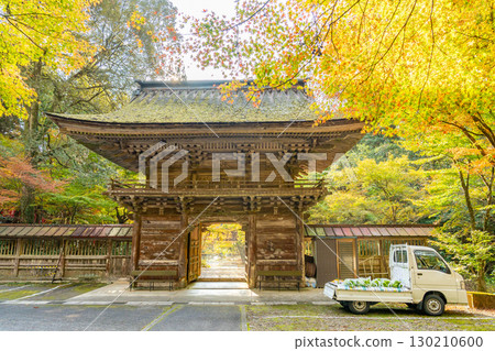 岐阜縣美濃市：大矢田神社山門的紅葉和販售當地蔬菜的輕型卡車 130210600