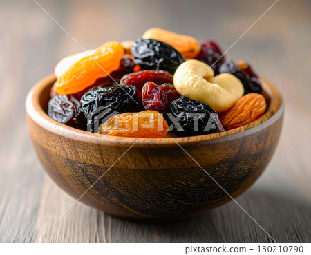 Colorful assorted fruit tarts on rustic wooden table, bakery dessert delights 130210790