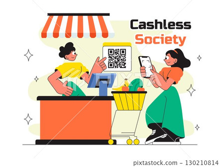 Cashless Society Payment Vector Illustration featuring Mobile Transactions, Digital Payments, Credit Card Machine, and Encryption in a Background 130210814