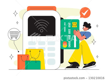 Cashless Society Payment Vector Illustration featuring Mobile Transactions, Digital Payments, Credit Card Machine, and Encryption in a Background 130210816