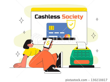 Cashless Society Payment Vector Illustration featuring Mobile Transactions, Digital Payments, Credit Card Machine, and Encryption in a Background 130210817