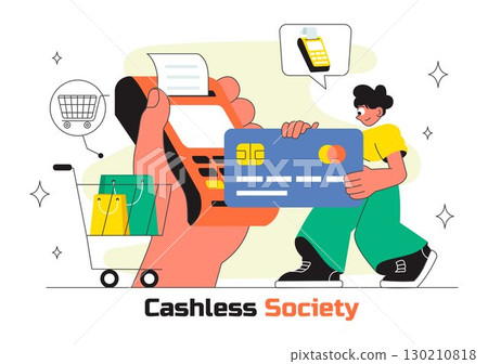 Cashless Society Payment Vector Illustration featuring Mobile Transactions, Digital Payments, Credit Card Machine, and Encryption in a Background 130210818