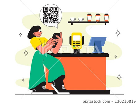 Cashless Society Payment Vector Illustration featuring Mobile Transactions, Digital Payments, Credit Card Machine, and Encryption in a Background 130210819