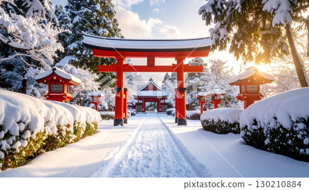 白雪皚皚的冬季神社、紅色鳥居、新年參拜圖像 130210884