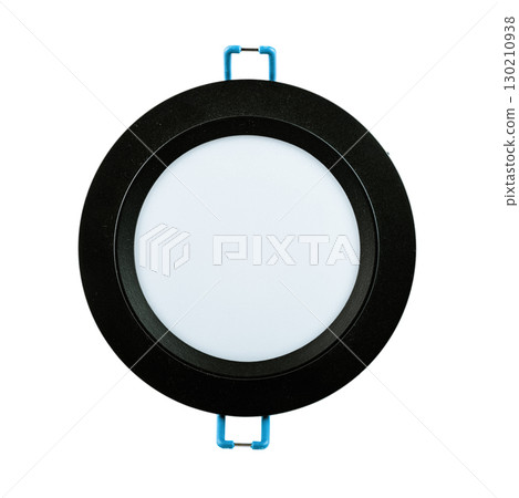Black round recessed light fixture for GX53 bulb, isolated on white background, ideal for modern interior lighting and product presentation. Black round recessed light fixture for GX53 bulb, isolated on white background, ideal for modern interior lighting and product presentation. 130210938