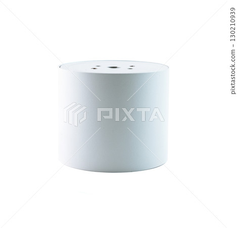 Matte white cylindrical ceiling light fixture for GX53 lamp, isolated on a white background, modern and minimal design for stylish home interiors. 130210939
