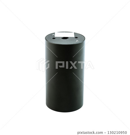 Matte black ceiling light fixture for GU10 lamp, isolated on a white background, modern and minimal design for elegant home lighting. Matte black ceiling light fixture for GU10 lamp, isolated on a white background, modern and minimal design for elegant home lighting. 130210950