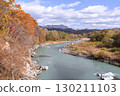 The Saru River and Hidaka Mountains flowing through autumn leaves in Biratori Town, Hokkaido (October) 130211103