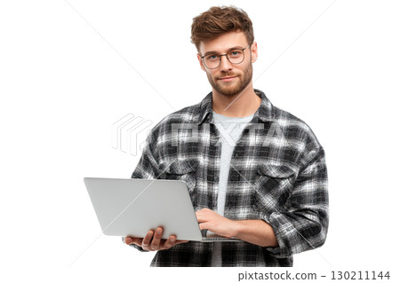 Young man holding a laptop. AI-generated item Young man holding a laptop. AI-generated item 130211144