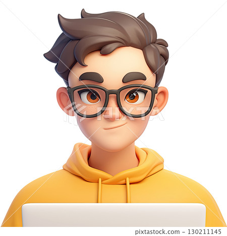 Cartoon boy with laptop and glasses. AI-generated item Cartoon boy with laptop and glasses. AI-generated item 130211145