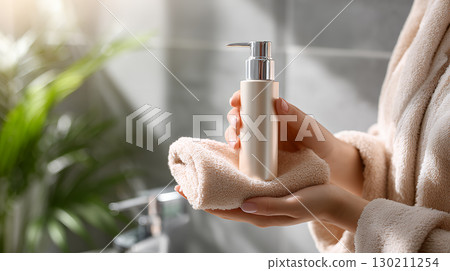 woman cleaning her skin with soap 130211254
