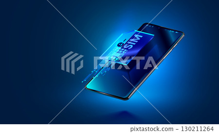Esim icon over mobile phone in 3d isometric. digital virtual electronic sim card over screen of modern smart phone. Esim technology concept. 130211264