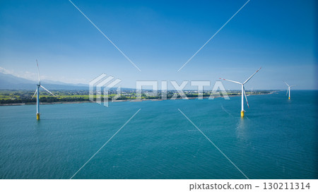 Offshore wind turbines and the Kurobe River alluvial fan at Shimoniikawa Coast in Toyama Prefecture at the end of August 130211314
