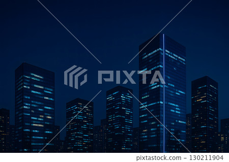 Office tower with neon lights at night 130211904