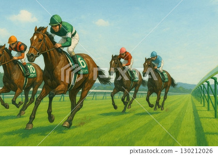 Illustration of a horse race (turf course, galloping thoroughbreds) 130212026