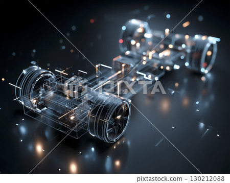Wireframe CG of the internal structure of an electric vehicle (diagram of main parts and wiring skeleton) 130212088