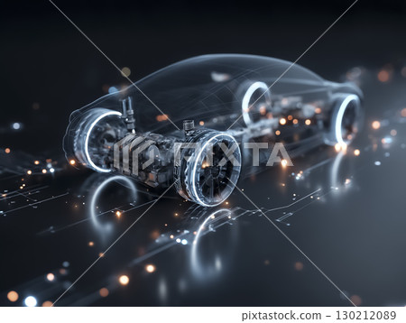 Wireframe CG of the internal structure of an electric vehicle (diagram of main parts and wiring skeleton) 130212089