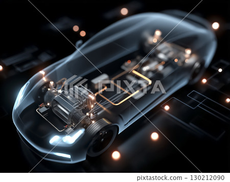 Wireframe CG of the internal structure of an electric vehicle (diagram of main parts and wiring skeleton) 130212090