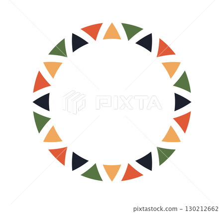 African pattern circle frame. Mexican ethnic motif border. Triangular islamic ornament round frame. Sun stamp emblem. African ethnic culture ornament Vector illustration isolated on white background 130212662