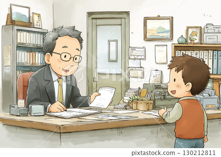 市政廳櫃檯前，男職員向訪客遞交文件並進行講解的場景 130212811