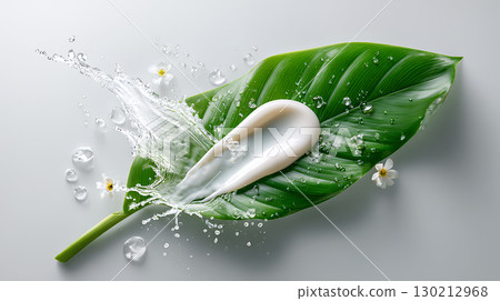 cream splash on green leaf 130212968