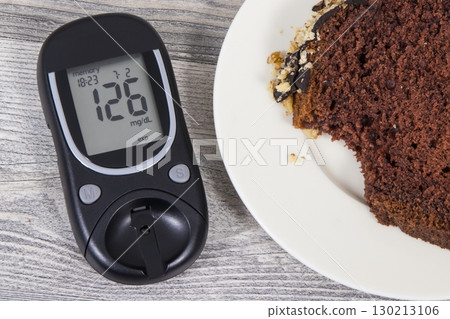 Glucose meter with result sugar level and sweet chocolate cake 130213106