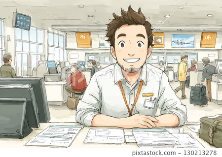 機場報到櫃檯男工作人員辦理登機手續並引導旅客的場景 130213278