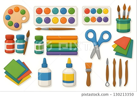 A collection of colorful art and craft supplies, featuring paints, brushes, scissors, glue, and paper. 130213350