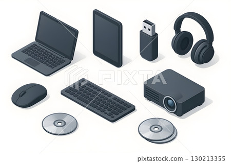 Isometric illustration of various digital devices, including a laptop, tablet, USB drive, headphones, projector 130213355