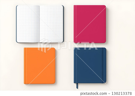 Top view of four notebooks on a light background: one open with grid pages, and three closed with pink 130213378