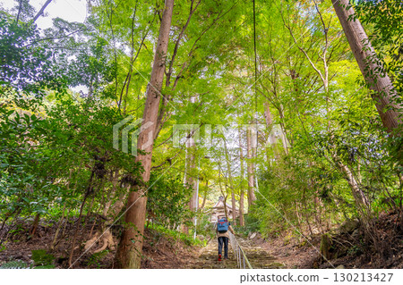 岐阜縣美濃市:秋季,信徒們攀登大矢田神社參拜道的石階 岐阜縣美濃市:秋季,信徒們攀登大矢田神社參拜道的石階 130213427