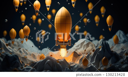 Rocket Launch with Hot Air Balloons, and Abstract Background. 130213428
