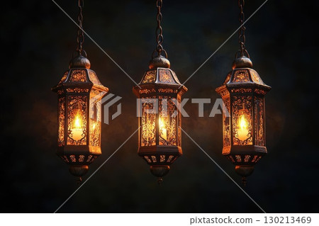 Glowing Lanterns with Dark Background. 130213469