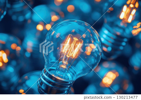 Glowing Light Bulbs with Ideas, Innovation, and Blue Background. Glowing Light Bulbs with Ideas, Innovation, and Blue Background. 130213477