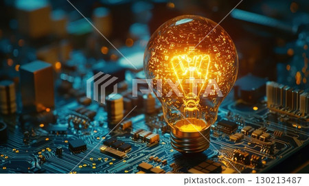 Glowing Lightbulb on Circuit Board  Innovation. 130213487