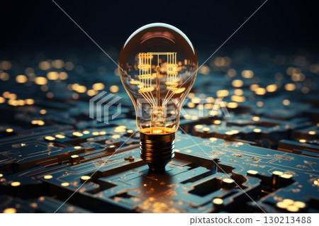 Glowing Lightbulb on Circuit Board with Innovation Idea. 130213488