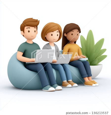 Three cartoon figures sitting on a comfortable beanbag, using laptops and tablets against 130213537