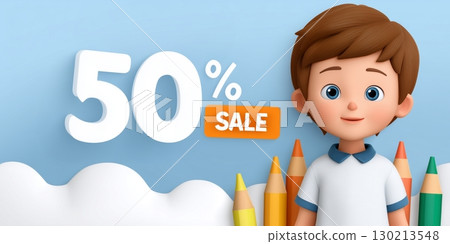3D cartoon boy with colored pencils beside big 50 SALE text on a blue background with white clouds 3D cartoon boy with colored pencils beside big 50 SALE text on a blue background with white clouds 130213548
